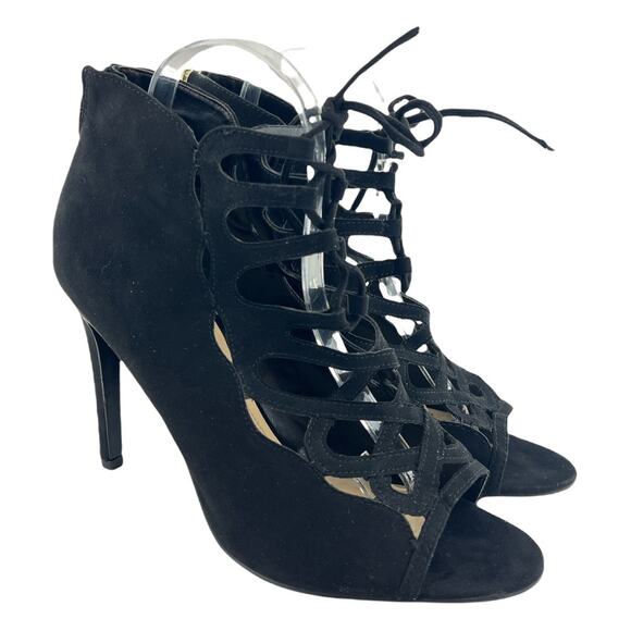 Marc Fisher (10) Urbana Black Faux Suede Lace Up Caged Stiletto Ankle Booties - Picture 1 of 11